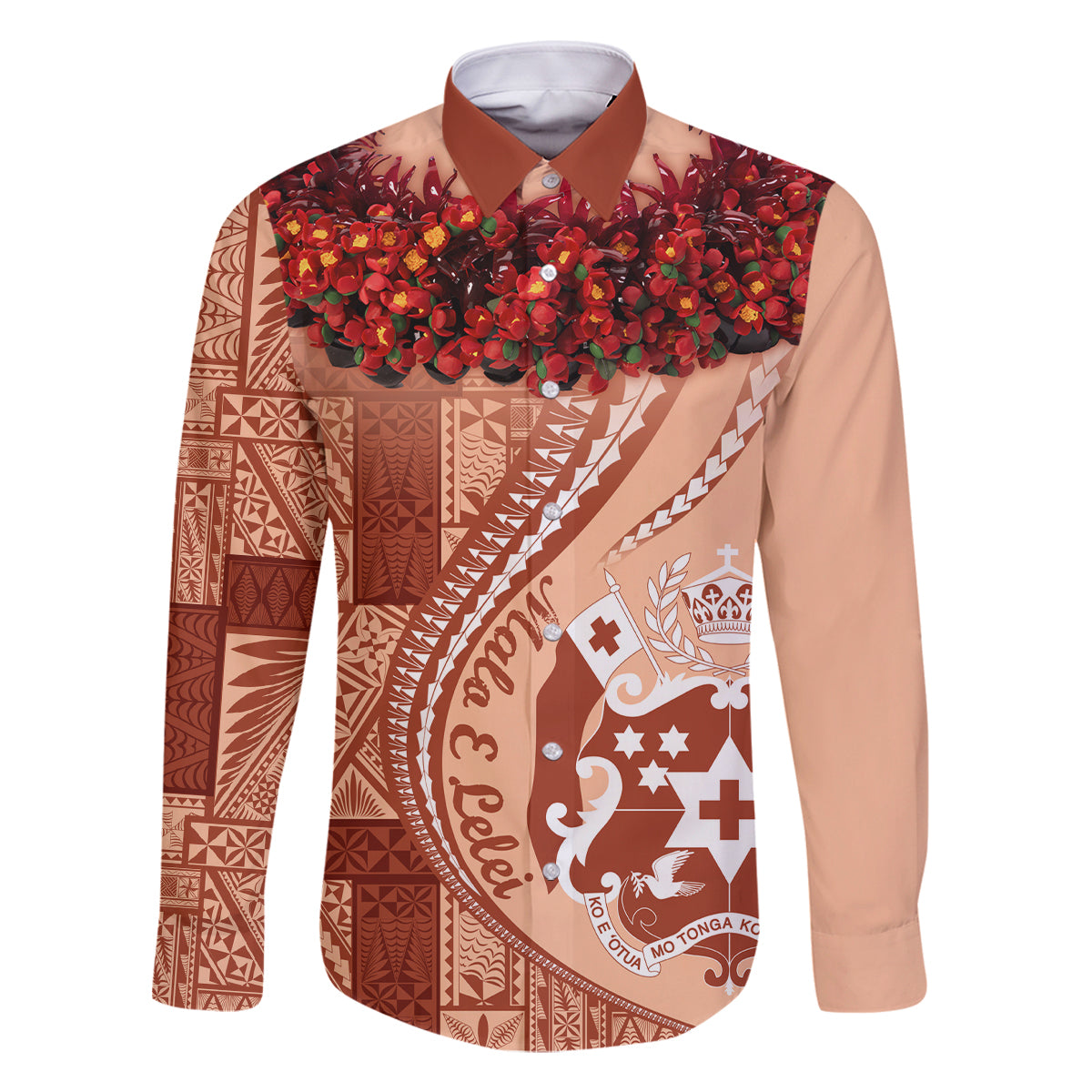 Vintage Tonga Kahoa Heilala Flower Family Matching Off Shoulder Long Sleeve Dress and Hawaiian Shirt LT9 Dad's Shirt - Long Sleeve Peach Fuzz - Polynesian Pride