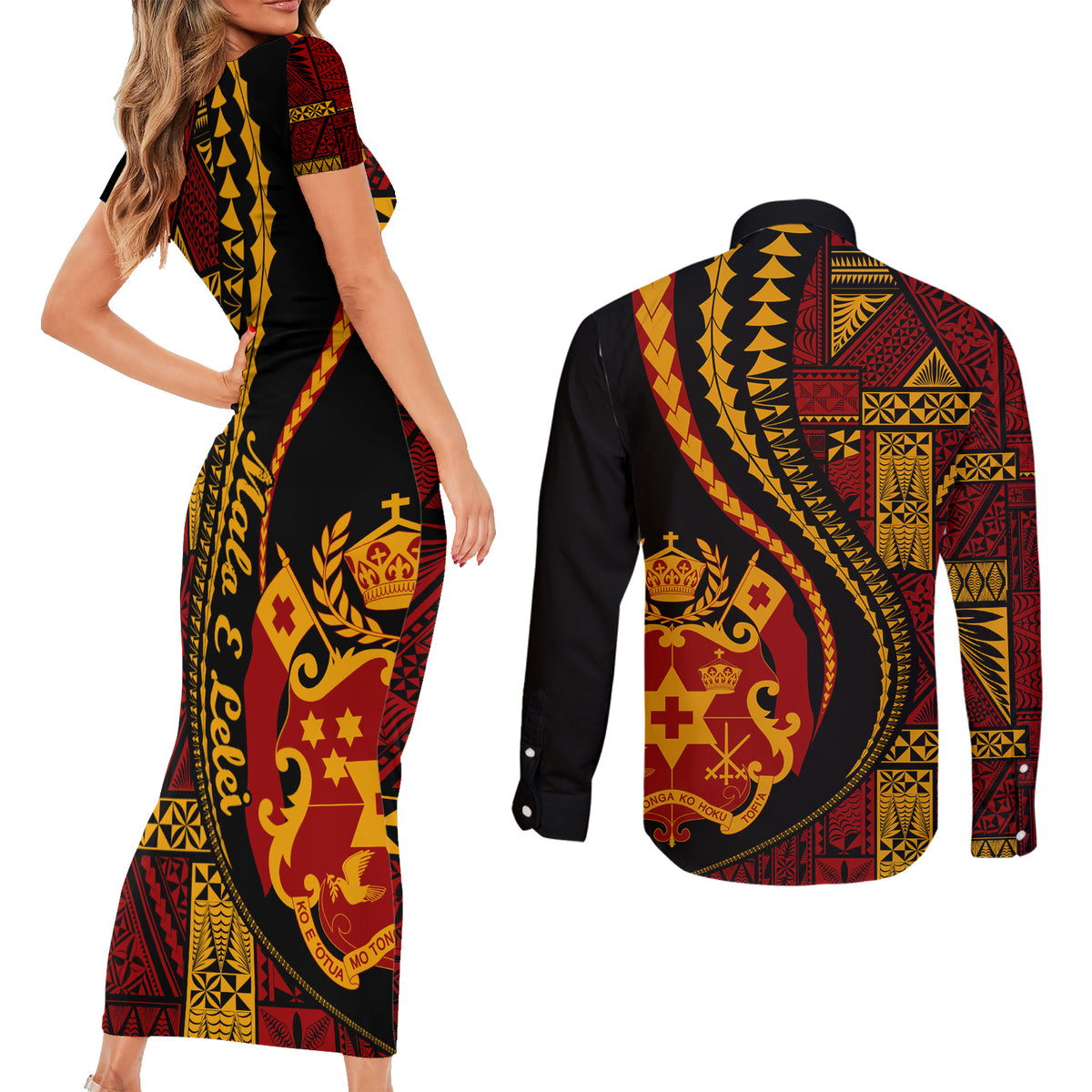 Vintage Tonga Malo E Lelei Ngatu Pattern Couples Matching Short Sleeve Bodycon Dress and Long Sleeve Button Shirt LT9 - Polynesian Pride