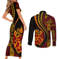 Vintage Tonga Malo E Lelei Ngatu Pattern Couples Matching Short Sleeve Bodycon Dress and Long Sleeve Button Shirt LT9 - Polynesian Pride