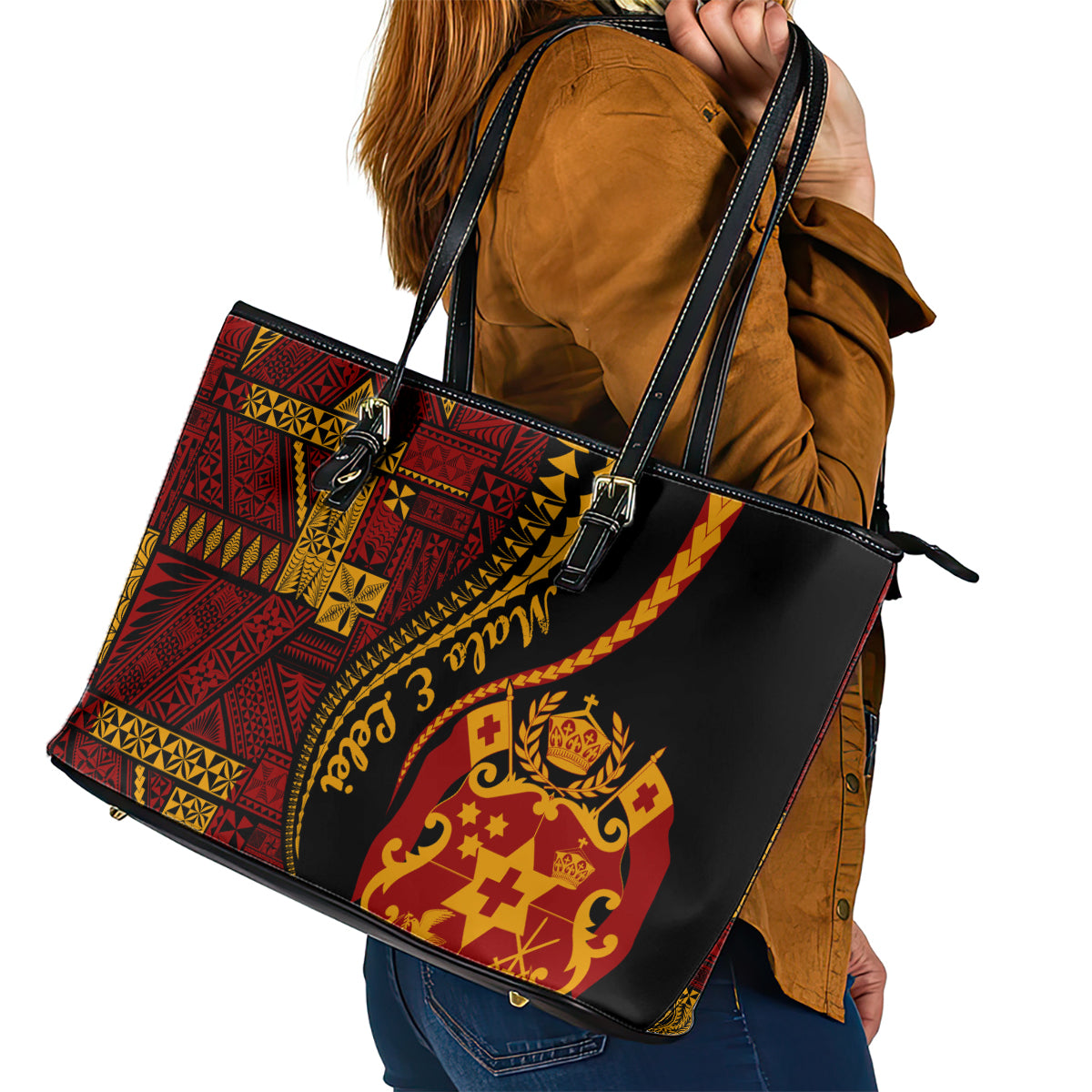 Vintage Tonga Malo E Lelei Ngatu Pattern Leather Tote Bag LT9 - Polynesian Pride