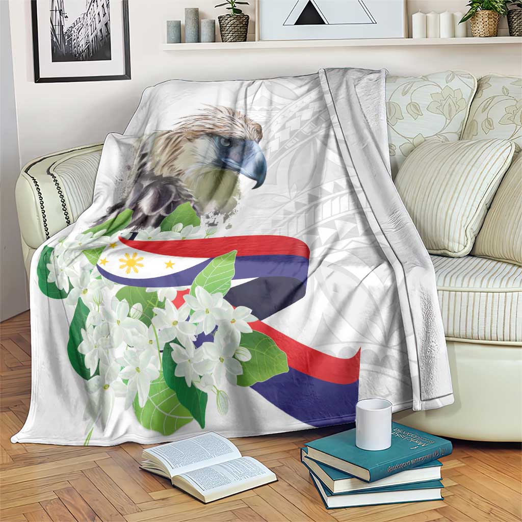 Philippines Eagle and Sampaguita Flowers Blanket Polynesian Pattern LT9 White - Polynesian Pride