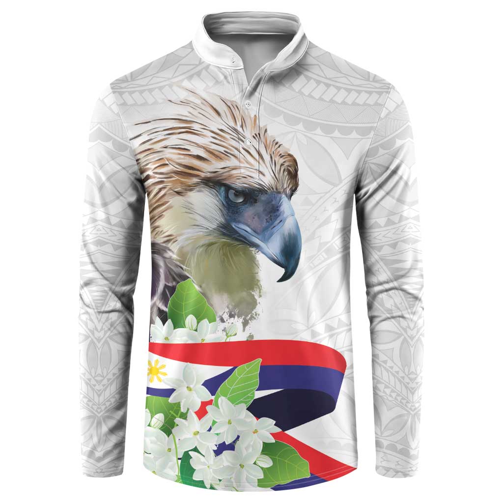 Philippines Eagle and Sampaguita Flowers Button Sweatshirt Polynesian Pattern LT9 White - Polynesian Pride