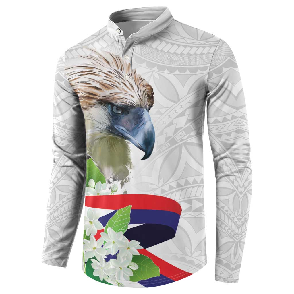 Philippines Eagle and Sampaguita Flowers Button Sweatshirt Polynesian Pattern