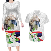 Philippines Eagle and Sampaguita Flowers Couples Matching Long Sleeve Bodycon Dress and Hawaiian Shirt Polynesian Pattern