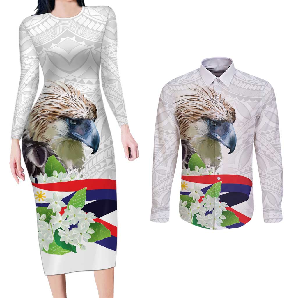 Philippines Eagle and Sampaguita Flowers Couples Matching Long Sleeve Bodycon Dress and Long Sleeve Button Shirt Polynesian Pattern LT9 White - Polynesian Pride