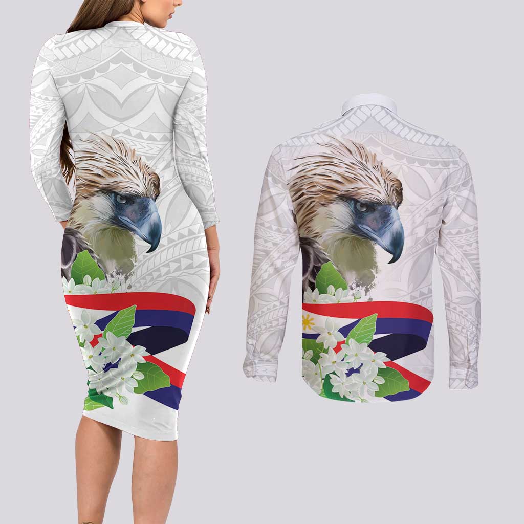 Philippines Eagle and Sampaguita Flowers Couples Matching Long Sleeve Bodycon Dress and Long Sleeve Button Shirt Polynesian Pattern