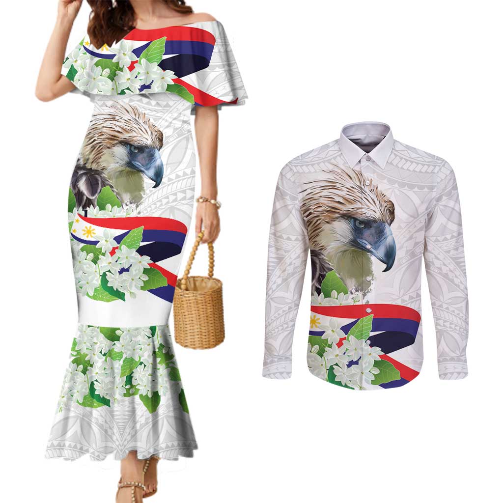 Philippines Eagle and Sampaguita Flowers Couples Matching Mermaid Dress and Long Sleeve Button Shirt Polynesian Pattern LT9 White - Polynesian Pride