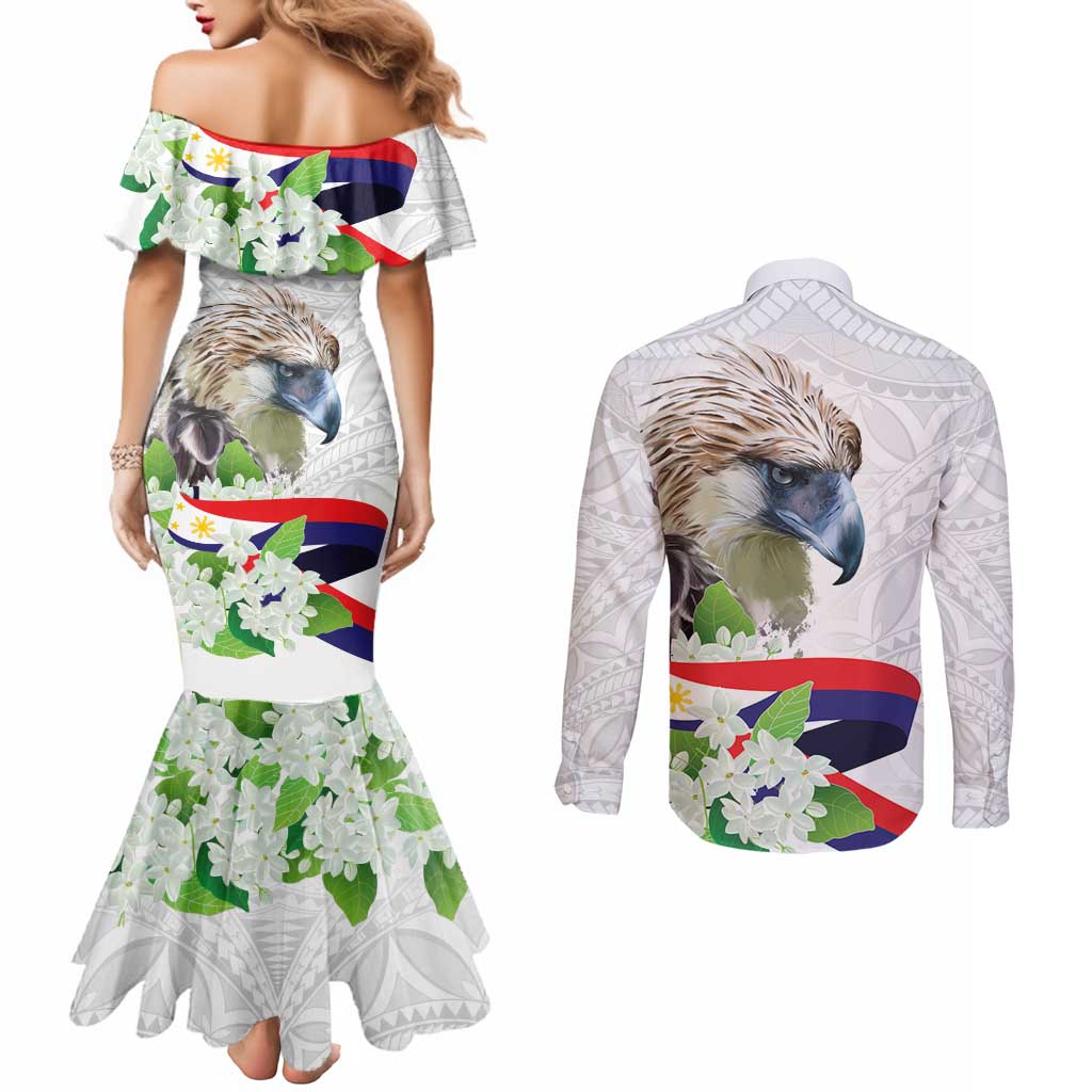Philippines Eagle and Sampaguita Flowers Couples Matching Mermaid Dress and Long Sleeve Button Shirt Polynesian Pattern