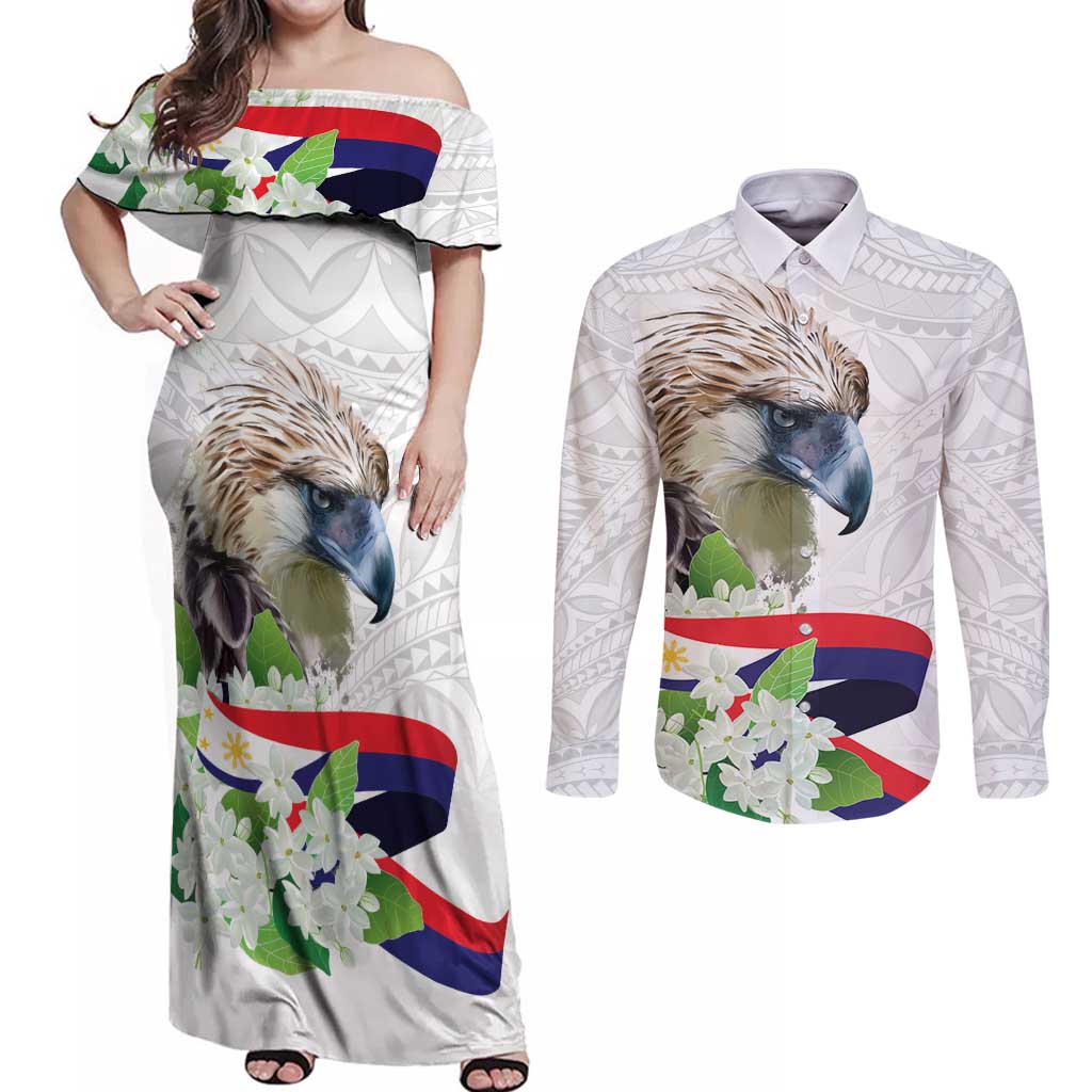 Philippines Eagle and Sampaguita Flowers Couples Matching Off Shoulder Maxi Dress and Long Sleeve Button Shirt Polynesian Pattern LT9 White - Polynesian Pride