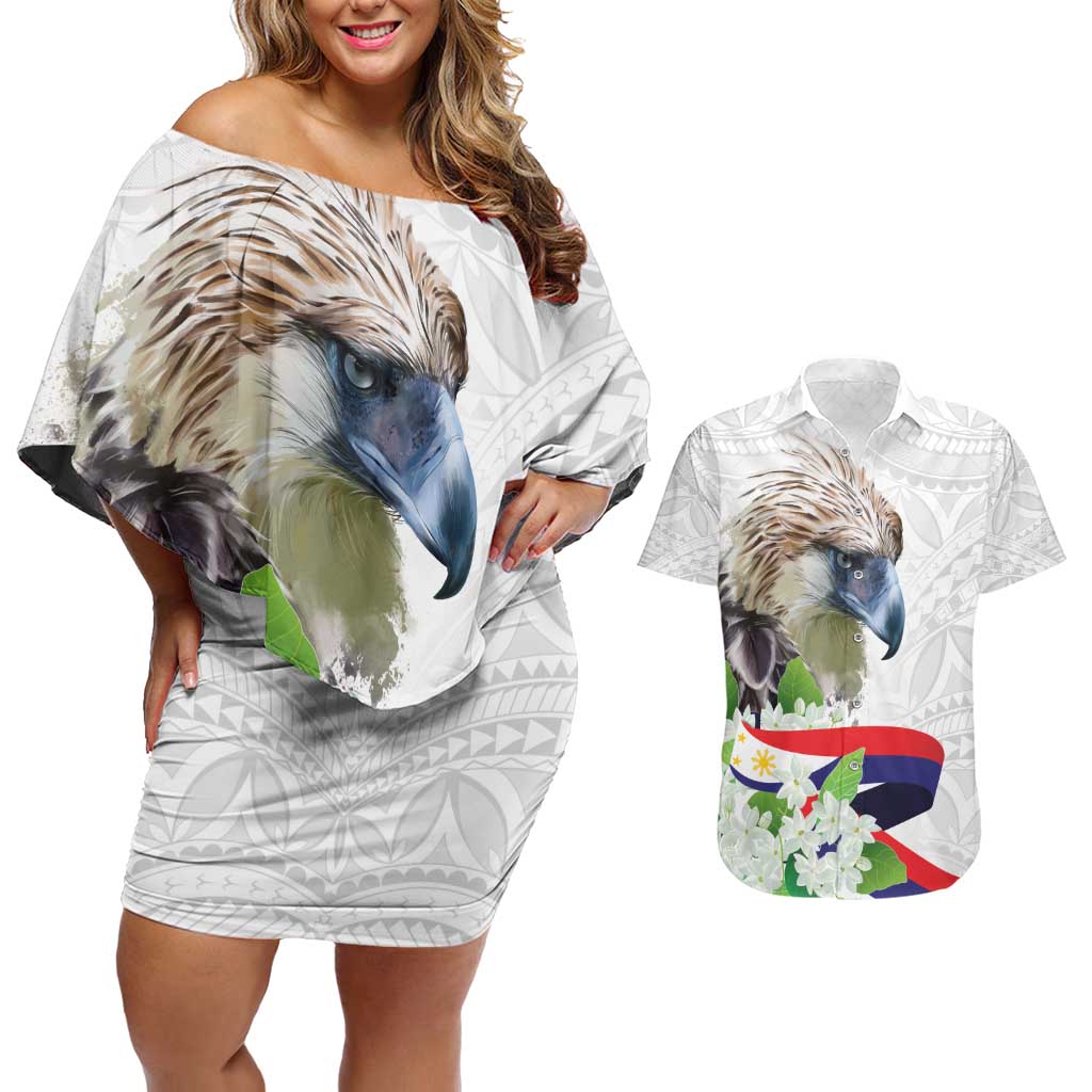 Philippines Eagle and Sampaguita Flowers Couples Matching Off Shoulder Short Dress and Hawaiian Shirt Polynesian Pattern LT9 White - Polynesian Pride