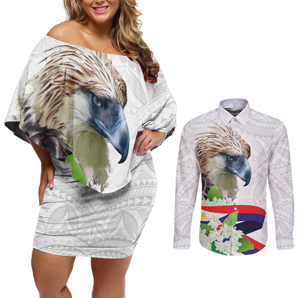 Philippines Eagle and Sampaguita Flowers Couples Matching Off Shoulder Short Dress and Long Sleeve Button Shirt Polynesian Pattern LT9 White - Polynesian Pride