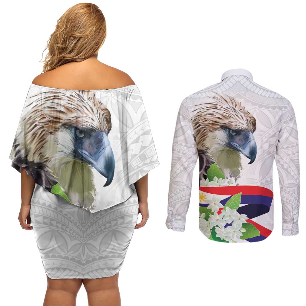 Philippines Eagle and Sampaguita Flowers Couples Matching Off Shoulder Short Dress and Long Sleeve Button Shirt Polynesian Pattern