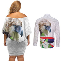Philippines Eagle and Sampaguita Flowers Couples Matching Off Shoulder Short Dress and Long Sleeve Button Shirt Polynesian Pattern
