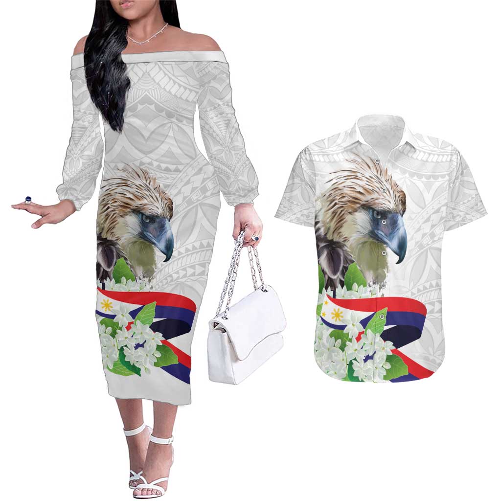 Philippines Eagle and Sampaguita Flowers Couples Matching Off The Shoulder Long Sleeve Dress and Hawaiian Shirt Polynesian Pattern LT9 White - Polynesian Pride
