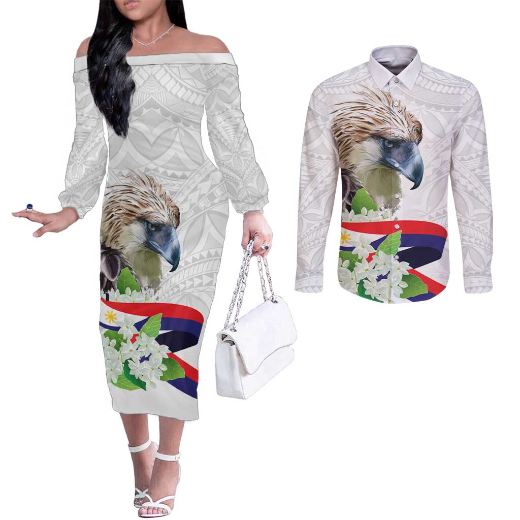 Philippines Eagle and Sampaguita Flowers Couples Matching Off The Shoulder Long Sleeve Dress and Long Sleeve Button Shirt Polynesian Pattern LT9 White - Polynesian Pride