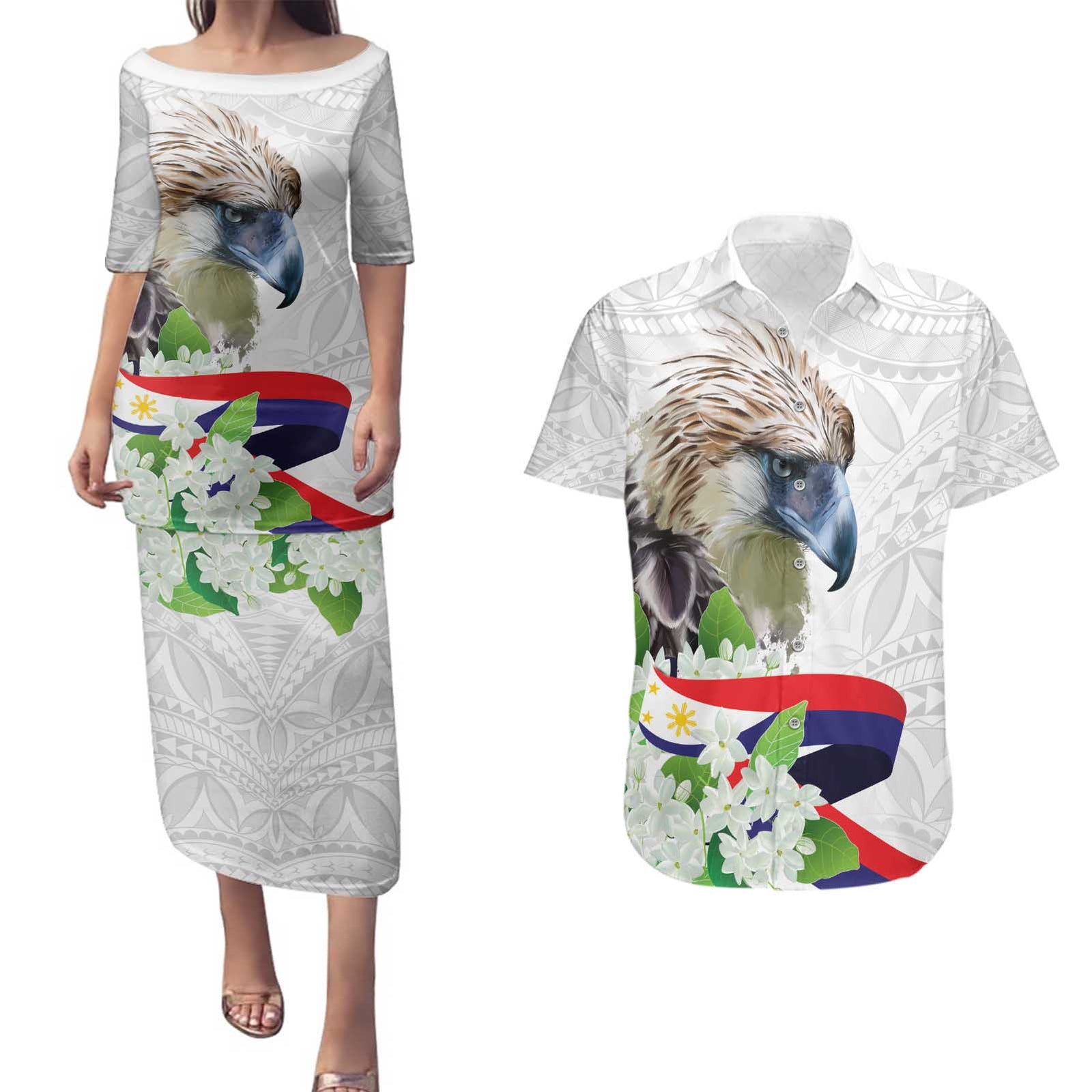 Philippines Eagle and Sampaguita Flowers Couples Matching Puletasi and Hawaiian Shirt Polynesian Pattern LT9 White - Polynesian Pride