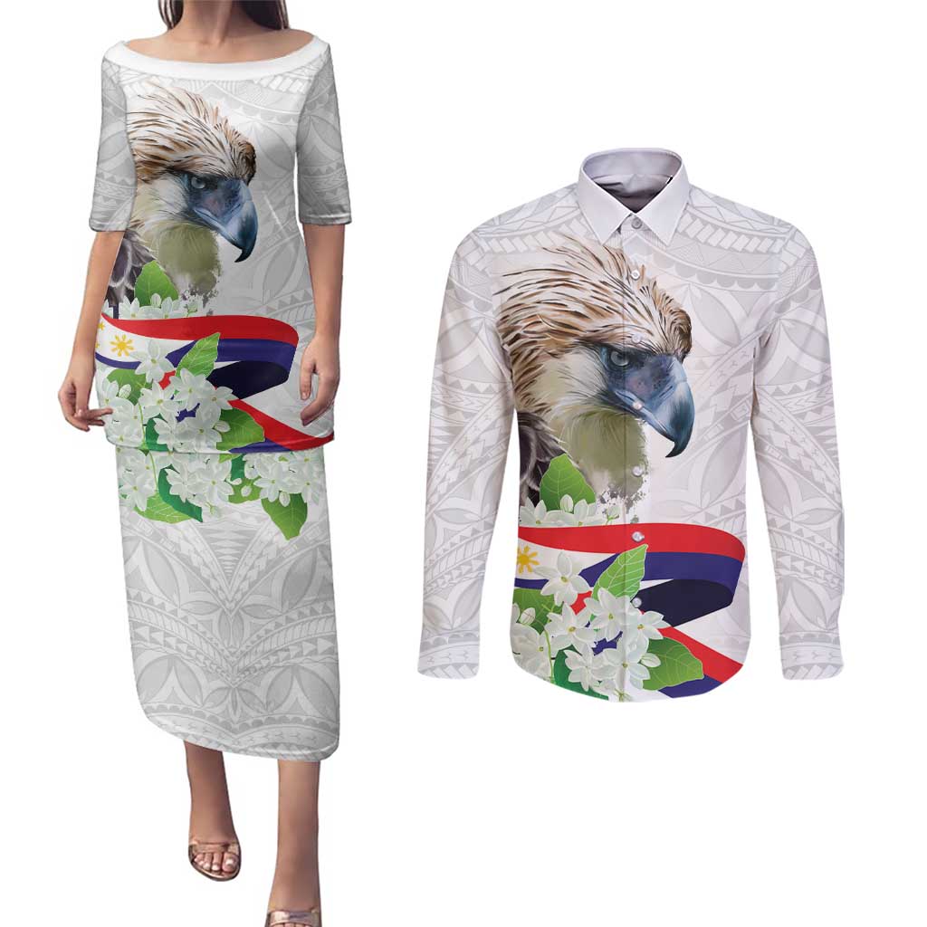 Philippines Eagle and Sampaguita Flowers Couples Matching Puletasi and Long Sleeve Button Shirt Polynesian Pattern LT9 White - Polynesian Pride