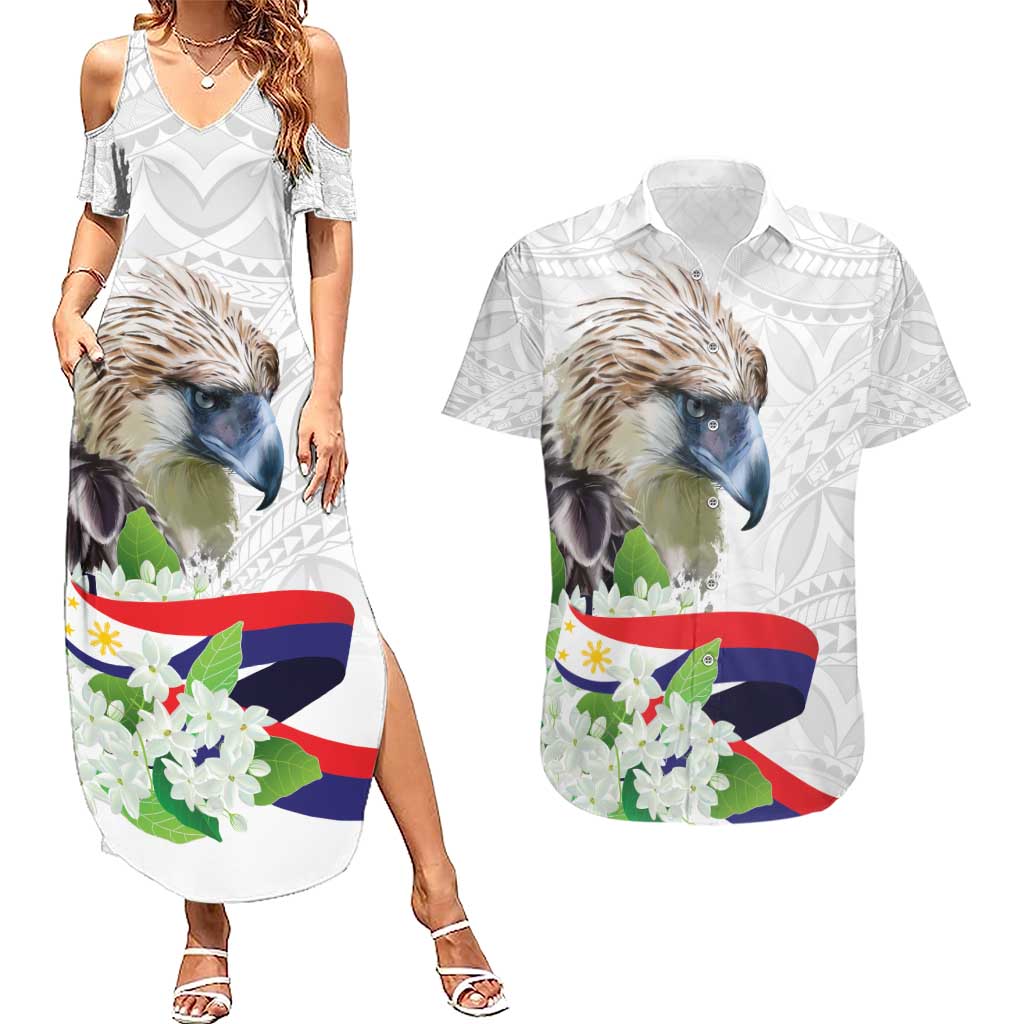 Philippines Eagle and Sampaguita Flowers Couples Matching Summer Maxi Dress and Hawaiian Shirt Polynesian Pattern LT9 White - Polynesian Pride