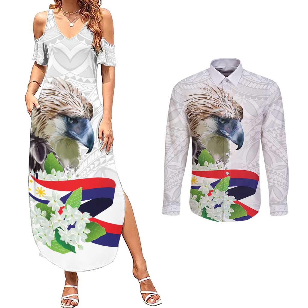 Philippines Eagle and Sampaguita Flowers Couples Matching Summer Maxi Dress and Long Sleeve Button Shirt Polynesian Pattern LT9 White - Polynesian Pride