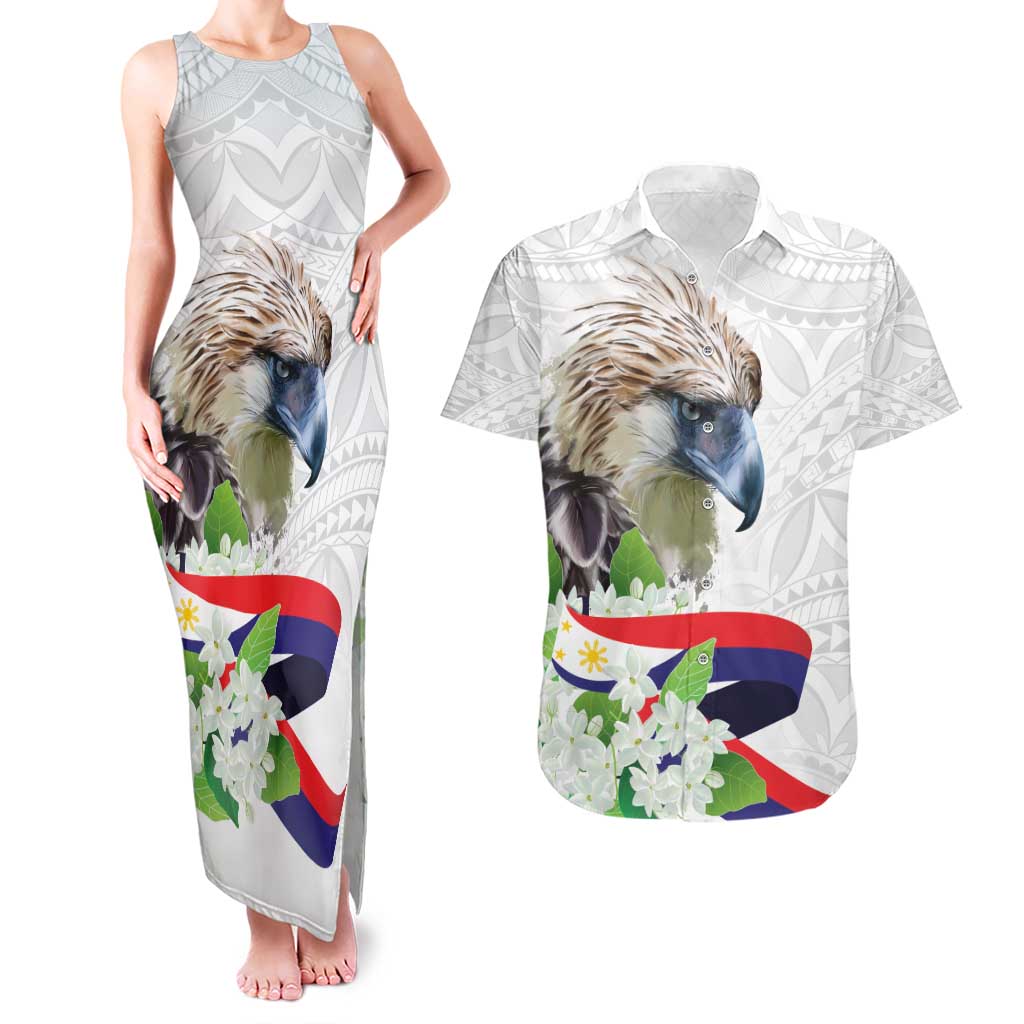 Philippines Eagle and Sampaguita Flowers Couples Matching Tank Maxi Dress and Hawaiian Shirt Polynesian Pattern LT9 White - Polynesian Pride