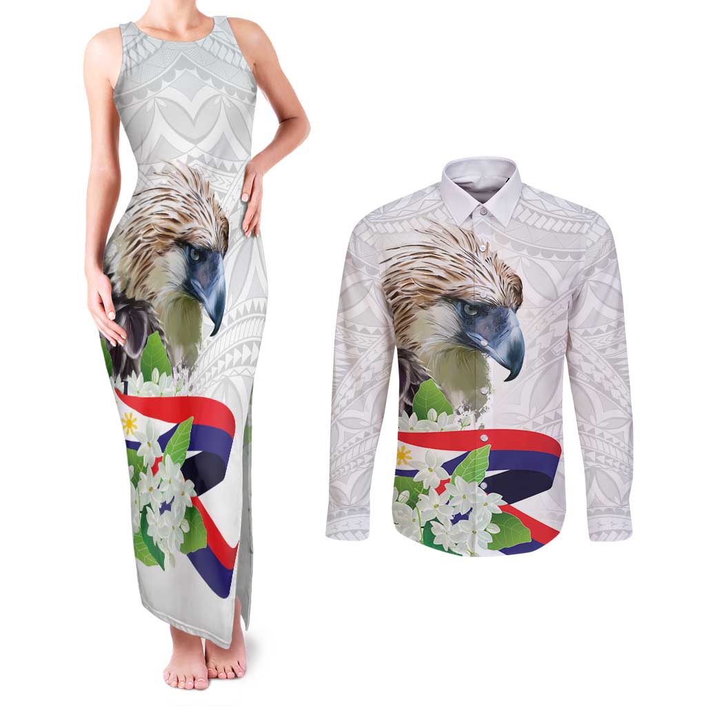 Philippines Eagle and Sampaguita Flowers Couples Matching Tank Maxi Dress and Long Sleeve Button Shirt Polynesian Pattern LT9 White - Polynesian Pride