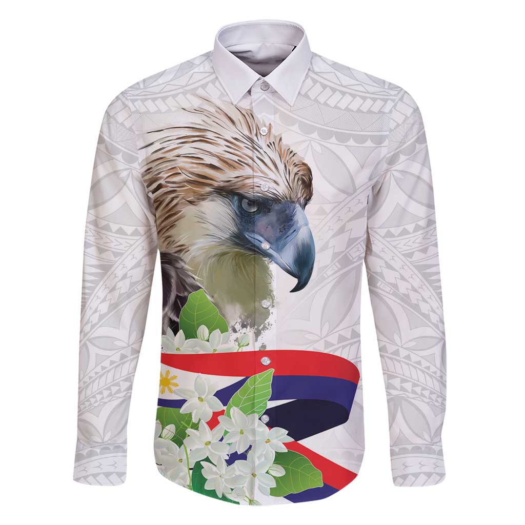 Philippines Eagle and Sampaguita Flowers Family Matching Tank Maxi Dress and Hawaiian Shirt Polynesian Pattern LT9 Dad's Shirt - Long Sleeve White - Polynesian Pride