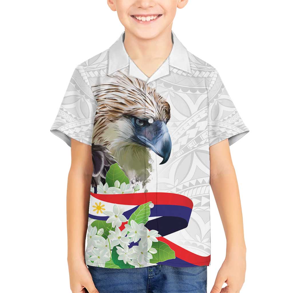 Philippines Eagle and Sampaguita Flowers Family Matching Tank Maxi Dress and Hawaiian Shirt Polynesian Pattern LT9 Son's Shirt White - Polynesian Pride
