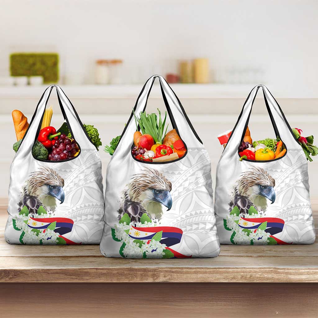 Philippines Eagle and Sampaguita Flowers Grocery Bag Polynesian Pattern