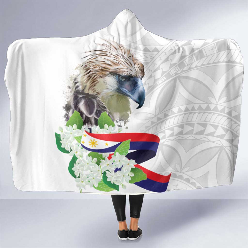 Philippines Eagle and Sampaguita Flowers Hooded Blanket Polynesian Pattern LT9 One Size White - Polynesian Pride