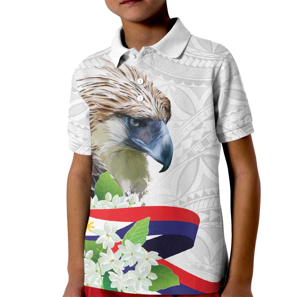 Philippines Eagle and Sampaguita Flowers Kid Polo Shirt Polynesian Pattern LT9 Kid White - Polynesian Pride