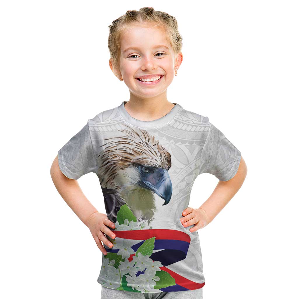 Philippines Eagle and Sampaguita Flowers Kid T Shirt Polynesian Pattern LT9 White - Polynesian Pride