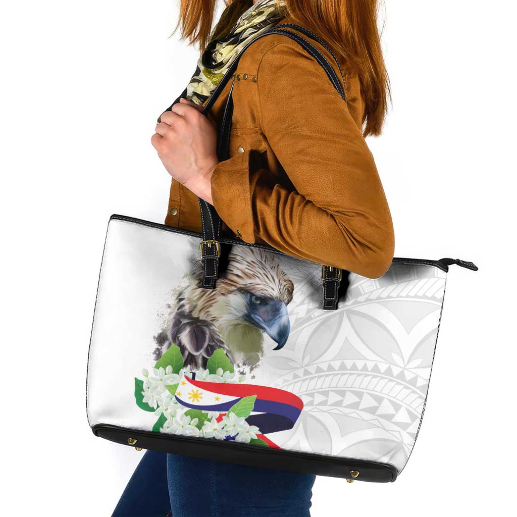 Philippines Eagle and Sampaguita Flowers Leather Tote Bag Polynesian Pattern LT9 White - Polynesian Pride