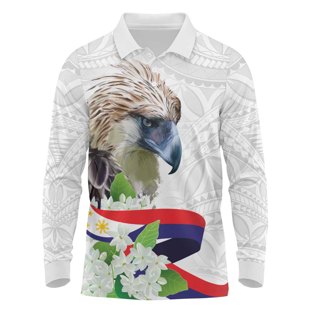 Philippines Eagle and Sampaguita Flowers Long Sleeve Polo Shirt Polynesian Pattern LT9 White - Polynesian Pride