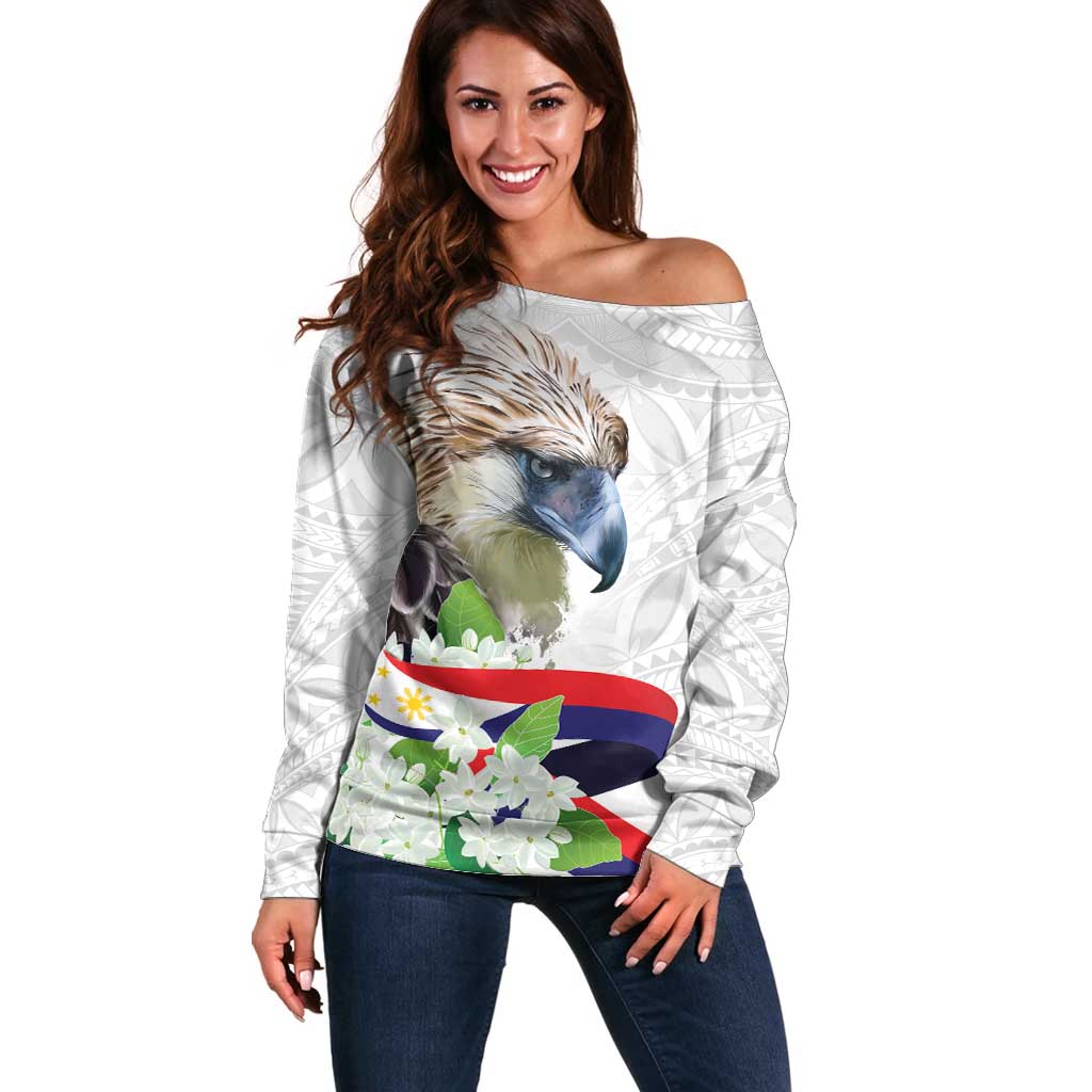 Philippines Eagle and Sampaguita Flowers Off Shoulder Sweater Polynesian Pattern LT9 Women White - Polynesian Pride