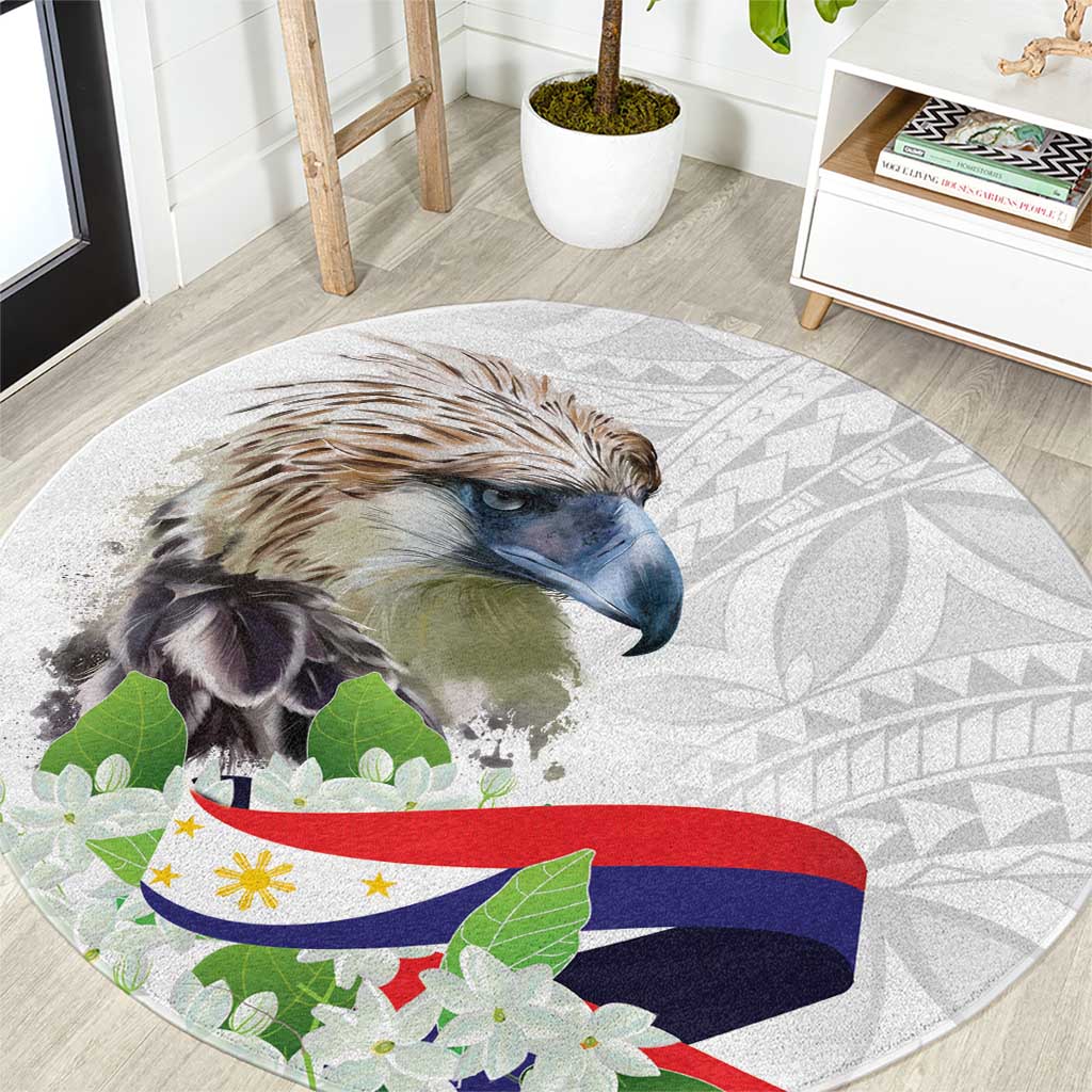 Philippines Eagle and Sampaguita Flowers Round Carpet Polynesian Pattern LT9 White - Polynesian Pride