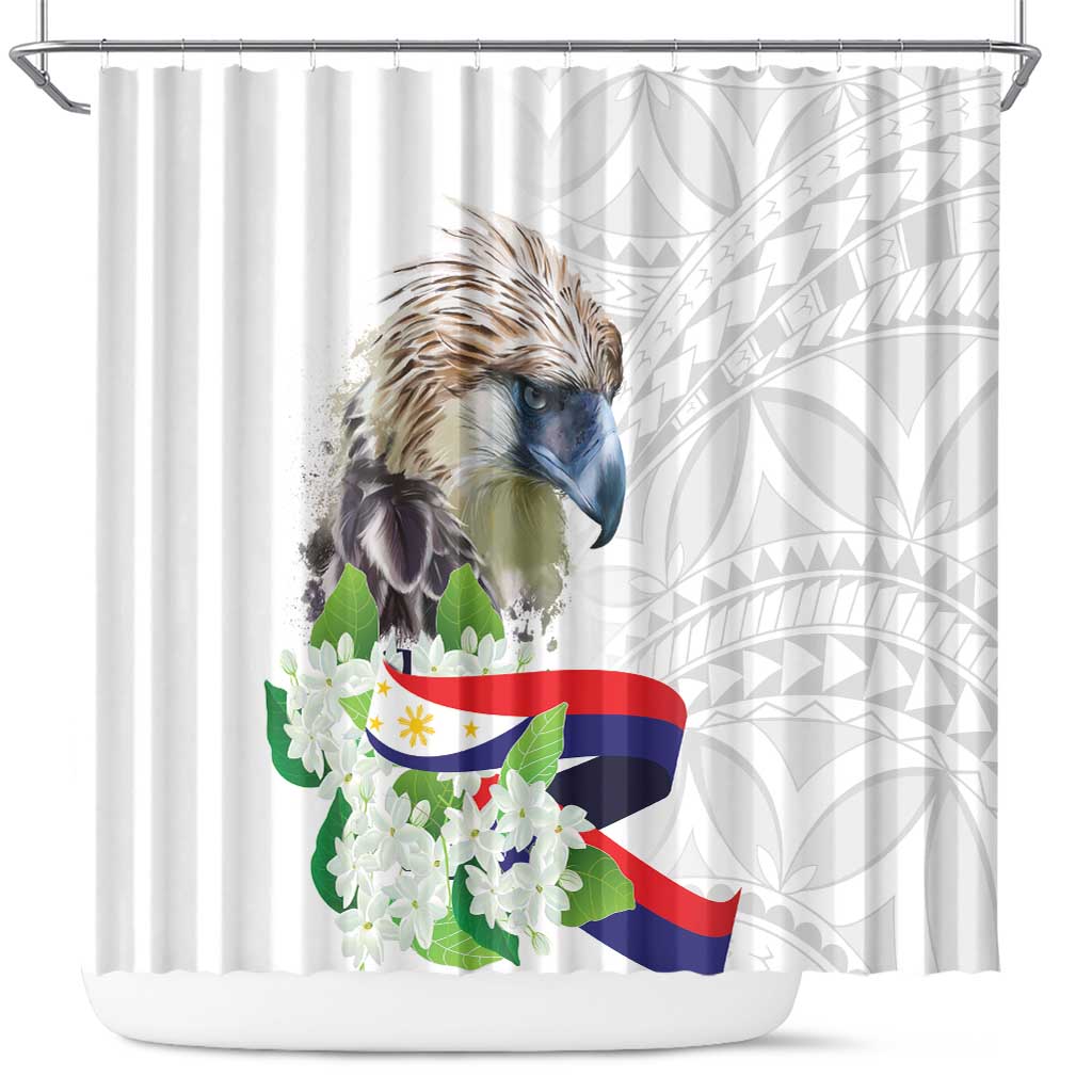 Philippines Eagle and Sampaguita Flowers Shower Curtain Polynesian Pattern LT9 White - Polynesian Pride