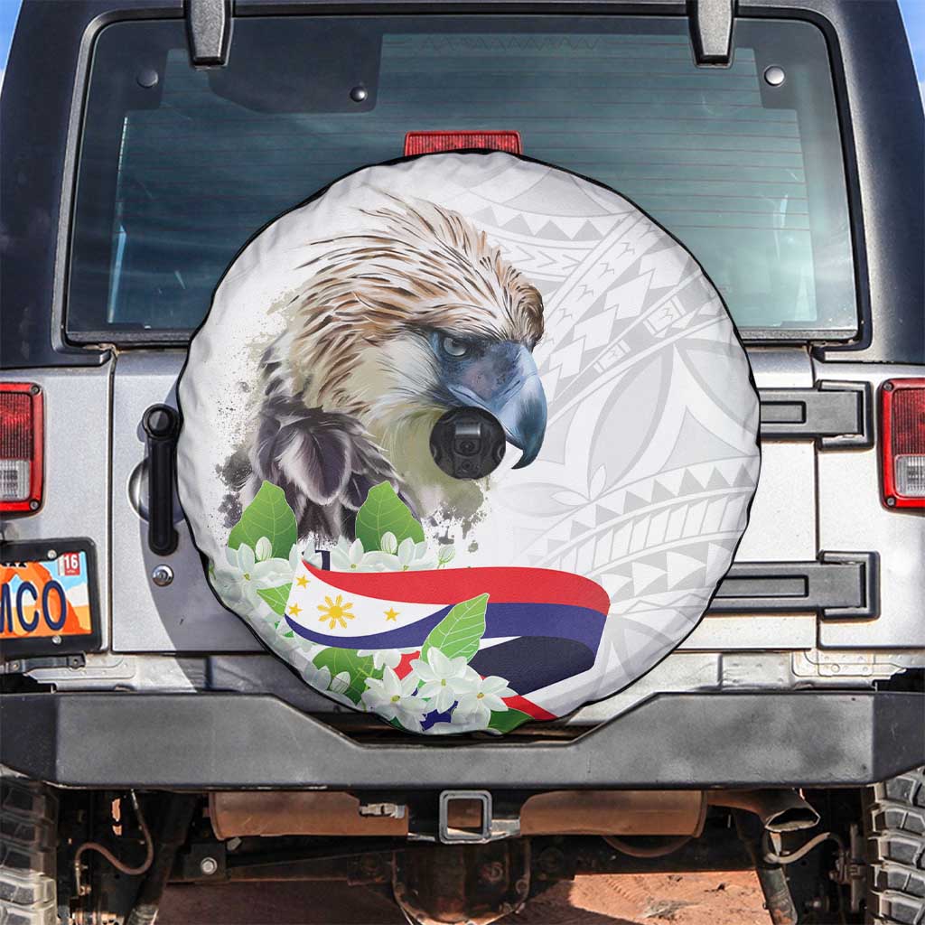 Philippines Eagle and Sampaguita Flowers Spare Tire Cover Polynesian Pattern LT9 White - Polynesian Pride