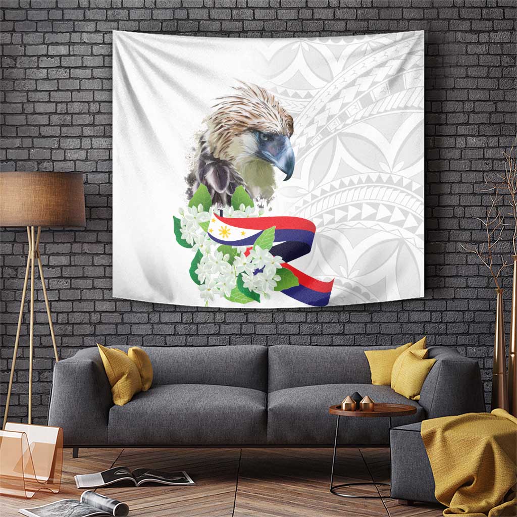 Philippines Eagle and Sampaguita Flowers Tapestry Polynesian Pattern LT9 White - Polynesian Pride