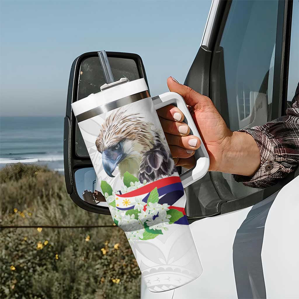 Philippines Eagle and Sampaguita Flowers Tumbler With Handle Polynesian Pattern LT9