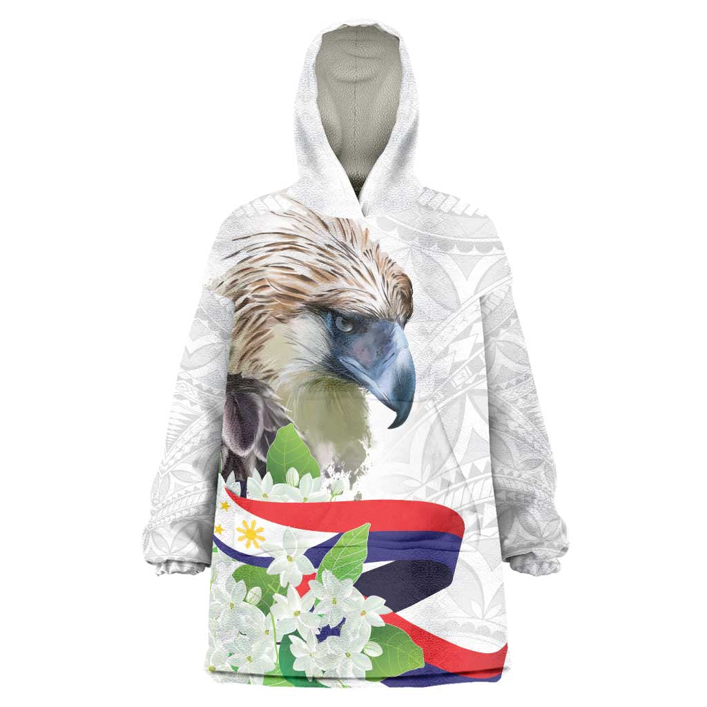 Philippines Eagle and Sampaguita Flowers Wearable Blanket Hoodie Polynesian Pattern LT9 One Size White - Polynesian Pride