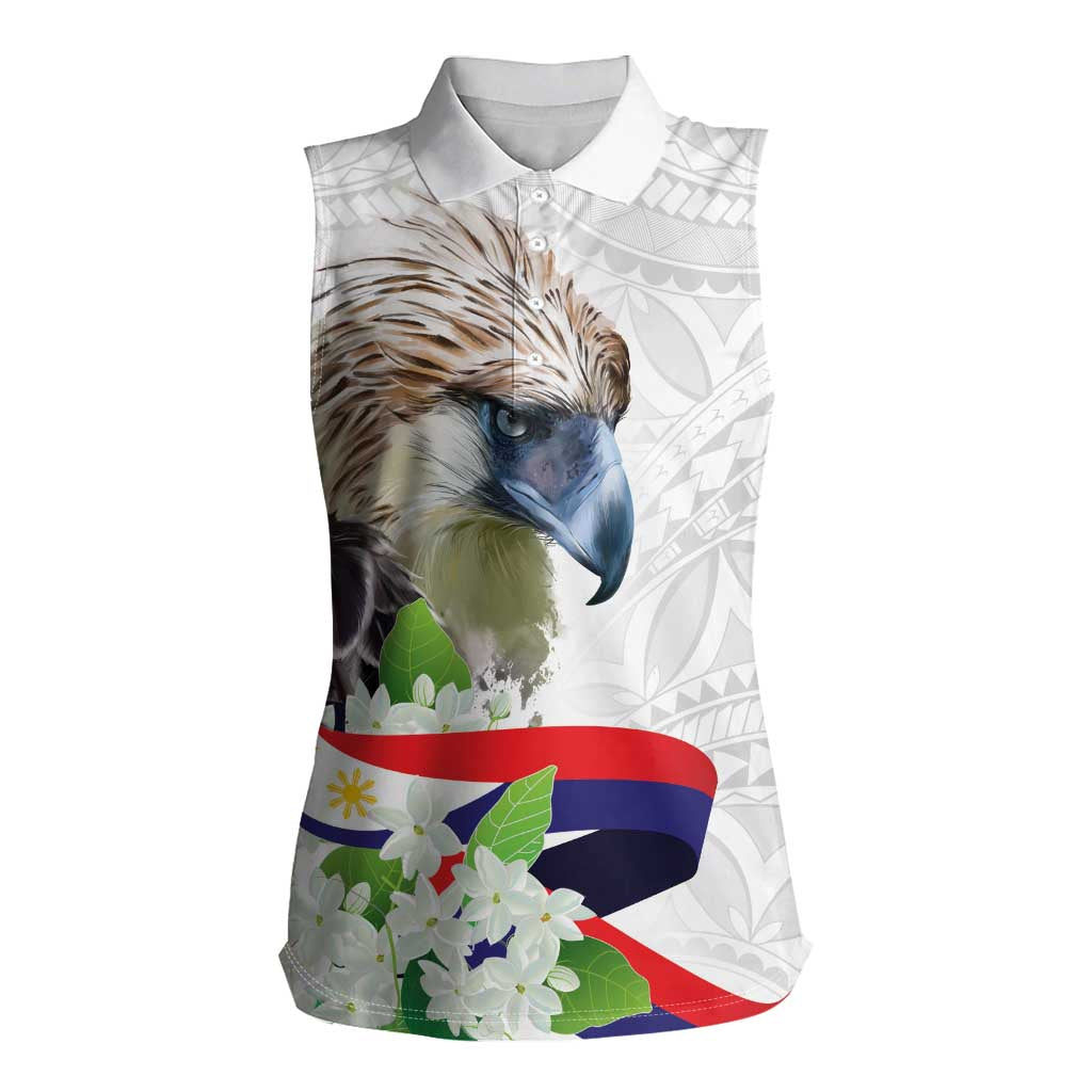 Philippines Eagle and Sampaguita Flowers Women Sleeveless Polo Shirt Polynesian Pattern LT9 Female White - Polynesian Pride