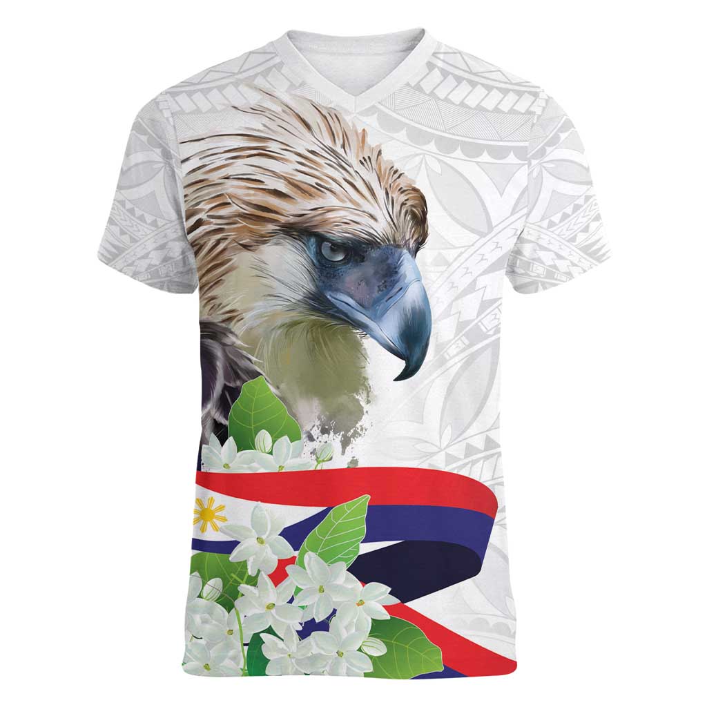 Philippines Eagle and Sampaguita Flowers Women V-Neck T-Shirt Polynesian Pattern LT9 Female White - Polynesian Pride