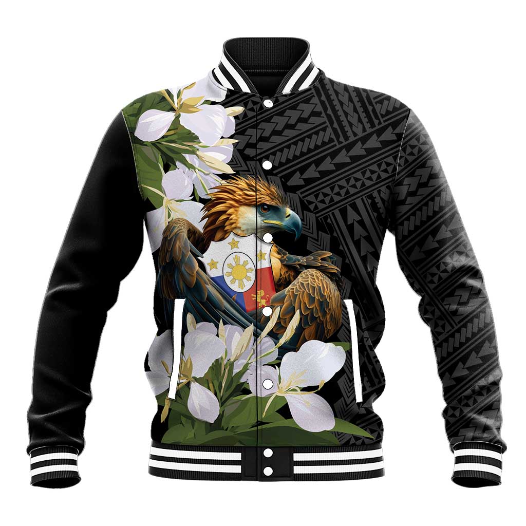 Philippines Eagle with Coat Of Arm Baseball Jacket Simple Sampaguita Jasmine LT9 Unisex Black - Polynesian Pride