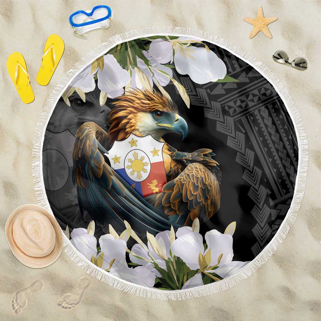Philippines Eagle with Coat Of Arm Beach Blanket Simple Sampaguita Jasmine LT9 One Size 150cm Black - Polynesian Pride