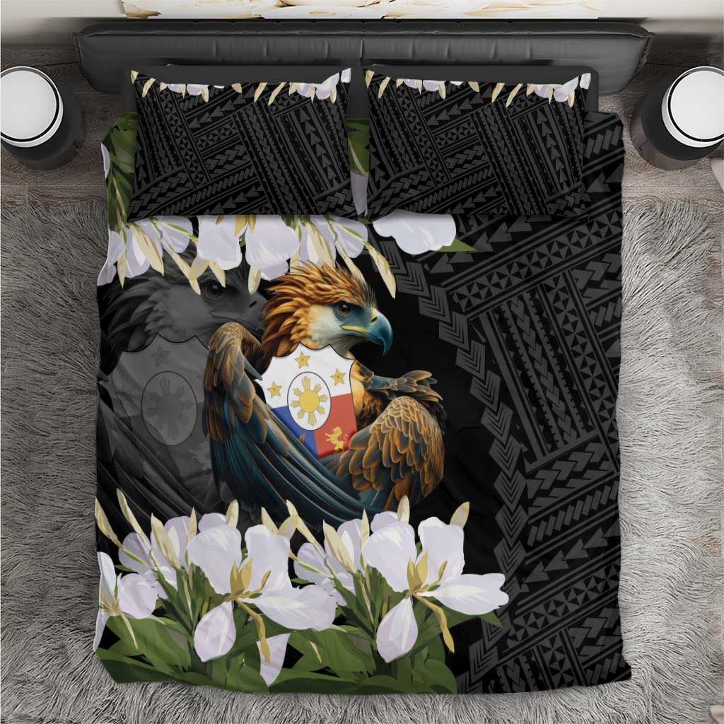 Philippines Eagle with Coat Of Arm Bedding Set Simple Sampaguita Jasmine LT9 Black - Polynesian Pride