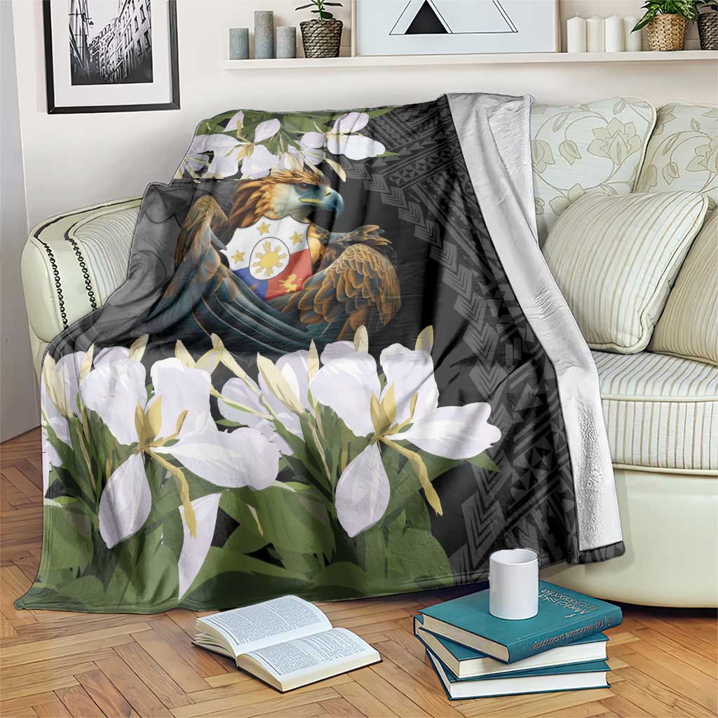 Philippines Eagle with Coat Of Arm Blanket Simple Sampaguita Jasmine LT9 Black - Polynesian Pride