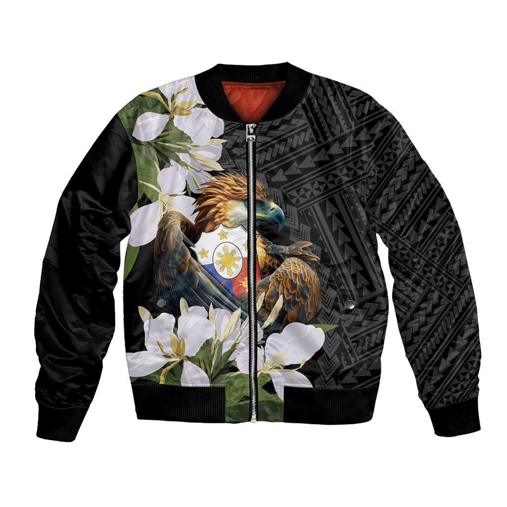 Philippines Eagle with Coat Of Arm Bomber Jacket Simple Sampaguita Jasmine LT9 Unisex Black - Polynesian Pride
