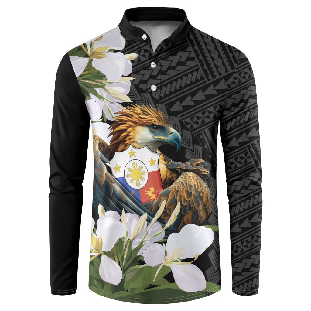 Philippines Eagle with Coat Of Arm Button Sweatshirt Simple Sampaguita Jasmine LT9 Black - Polynesian Pride
