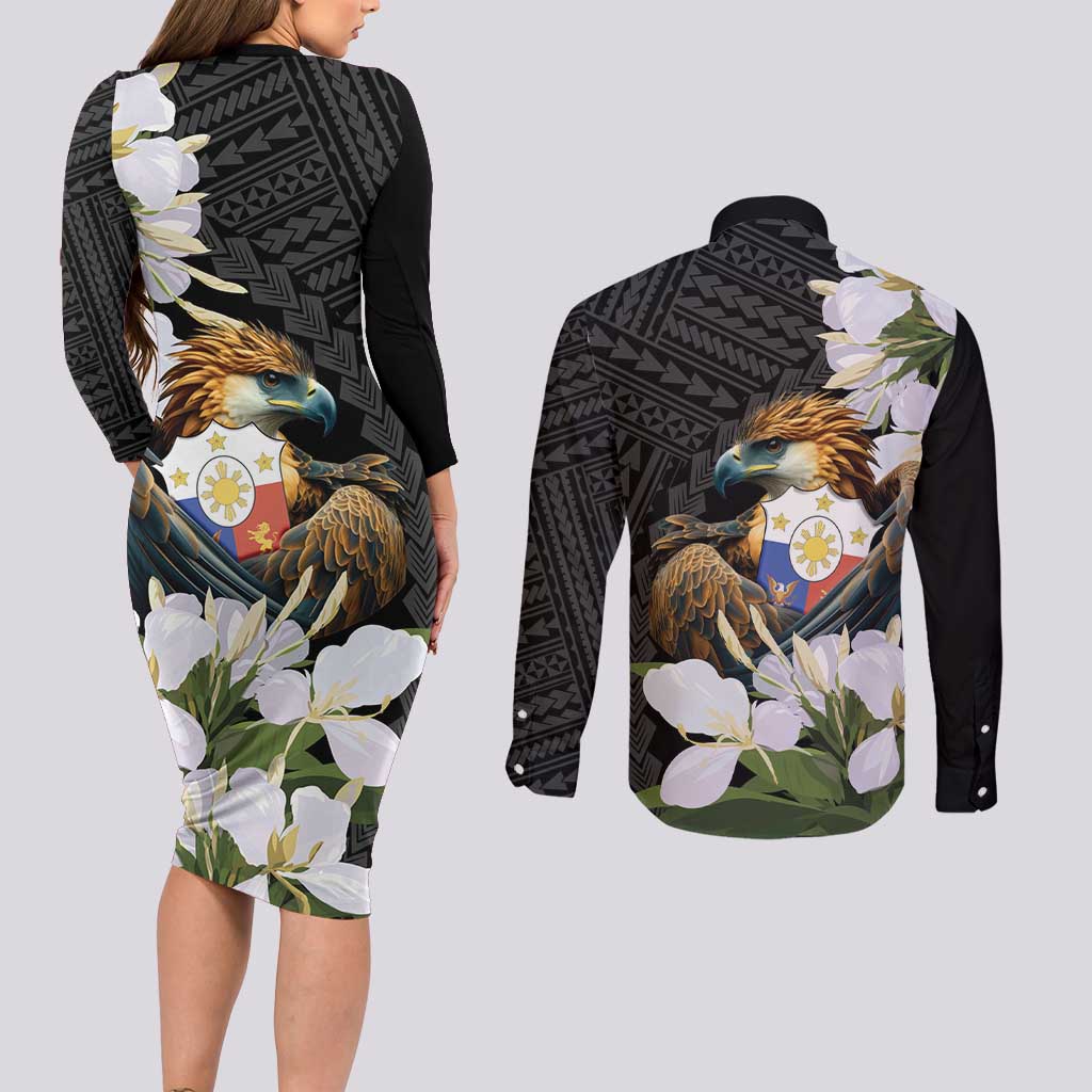Philippines Eagle with Coat Of Arm Couples Matching Long Sleeve Bodycon Dress and Long Sleeve Button Shirt Simple Sampaguita Jasmine