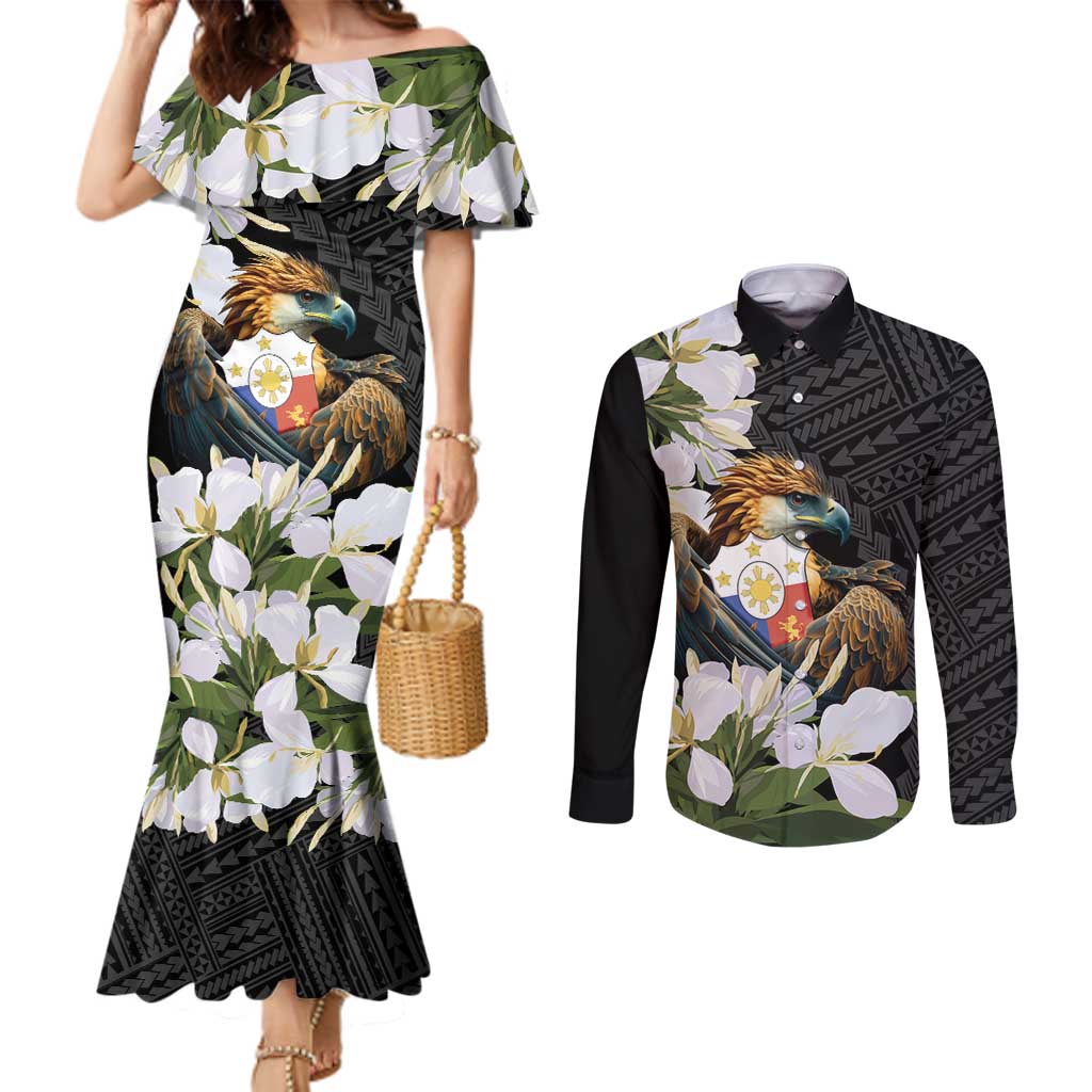 Philippines Eagle with Coat Of Arm Couples Matching Mermaid Dress and Long Sleeve Button Shirt Simple Sampaguita Jasmine LT9 Black - Polynesian Pride